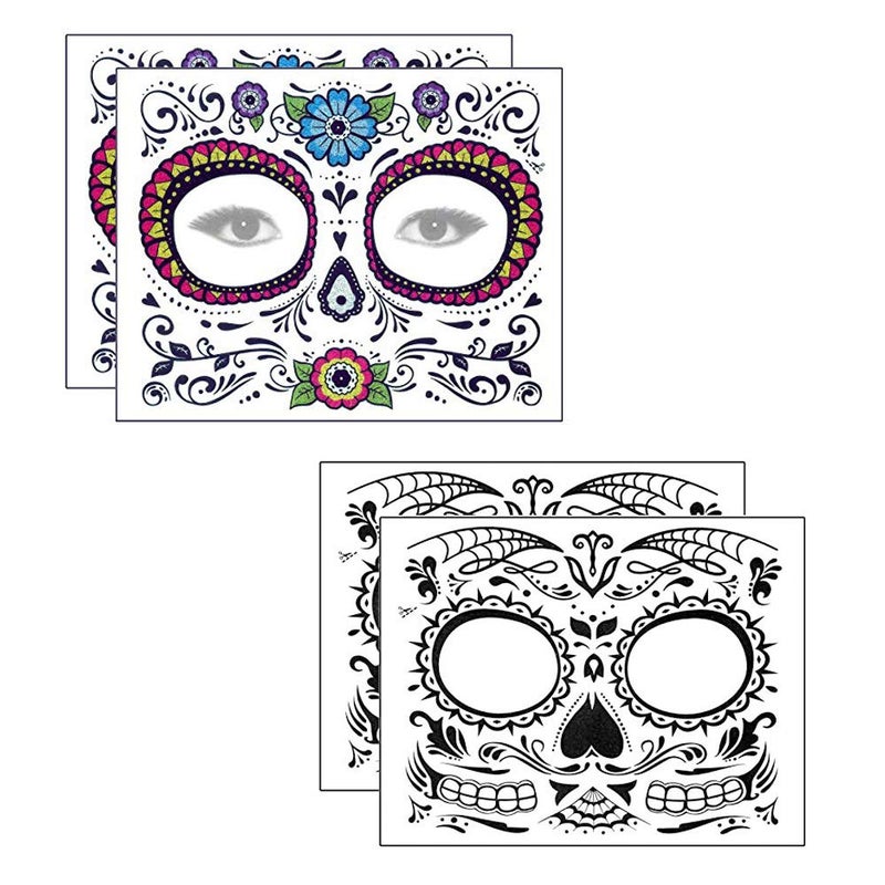 MANGOIT Halloween Face Tattoo Day of the Dead Tattoos Sugar Skull Water Transfer Stickers(5 PACK) with Floral Red Rose Black Web Fake Face Mask Tattoo for Mexican Halloween Parties Favor Supplies, Masquerade - Image 2
